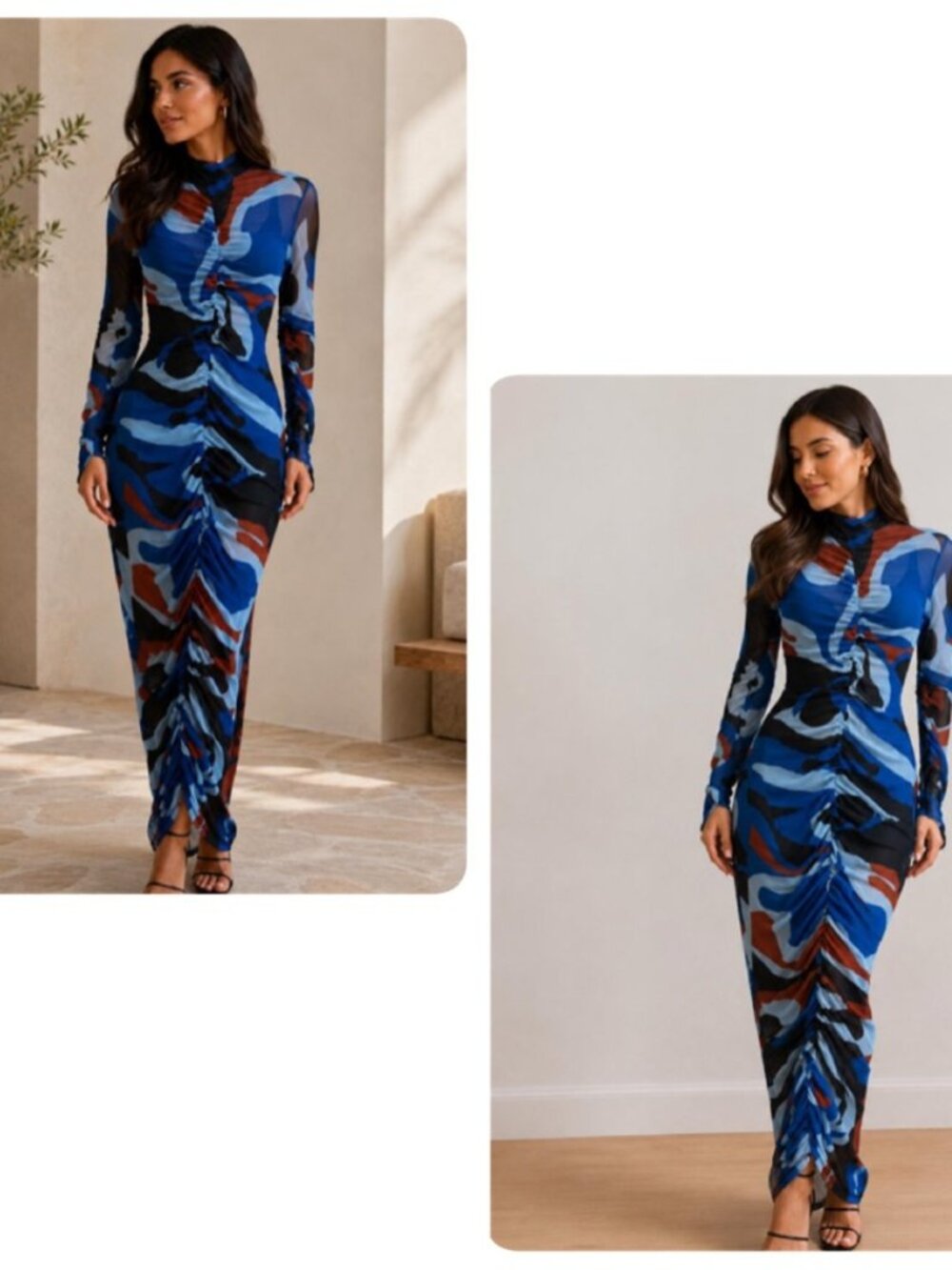 Mesh Ruched Abstract Print Midi Dress Long Sleeve Bodycon XXL NWT - Picture 3 of 4